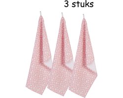 Keukendoek, Theedoek - 50 x 85 cm - Katoen - Bloesembloemen - Oudroze - 3 stuks