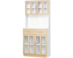 Keukendressoir, keukenkast, multifunctioneel, 4 deuren, glazen vitrine, met uittrekbare lade, groot dienblad van hout, wit, licht eiken look