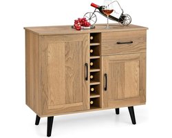 Keukendressoir - wijnrek voor 6 flessen - barkast met deuren en lade - opbergkast voor woonkamer - eetkamer - verstelbare planken - 90 x 40 x 79 cm - naturel
