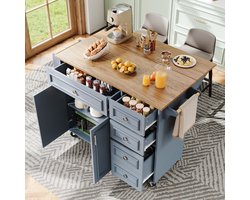 Keukeneiland (110×45-75×92cm), modern keukeneiland, keukenkast, uitneembare serveerwagen, buffet, eetwagen met vintage patroon, buffet, multifunctionele eettafel met opbergruimte, blauw