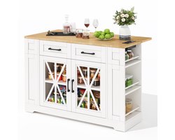 Keukeneiland - 120 cm - Met Inklapbare Tafel - AC en USB met Glazen Deur - Hout - Wit