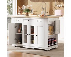 Keukeneiland, afneembare scheidingswanden, keukenkast, eetkamerwagen met werkblad, buffetkast, eetkamerwagen met houtnerf, buffetkast, kast van gehard glas, wit