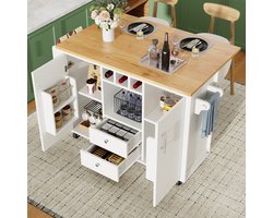 Keukeneiland buffetkast 120 x 73 (45) x 92 cm keukenkast keukenwagen en opklapbaar werkblad met handdoekhouder kruidenrek deurrek wijnrek en verstelbare planken, wit/zwart