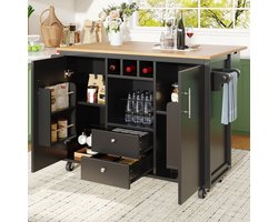 Keukeneiland buffetkast 120 x 73 (45) x 92 cm keukenkast keukenwagen en opklapbaar werkblad met handdoekhouder kruidenrek deurrek wijnrek en verstelbare planken, wit/zwart