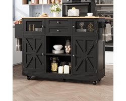 Keukeneiland, eettafel met werkblad, dressoir, eettafel met houtnerfafwerking, handdoekhouder aan de zijkant, driedimensionale kastdeuren met wielen, verstelbare verdelers, zwart