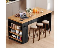 Keukeneiland - Keukenblok Keukentafel - Koken en serveren - Geïntegreerde LED-verlichting - 155x80x90 cm - Zwart naturel