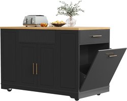 Keukeneiland, Keukenkast, Buffetkast, 120 x 50 x 92 cm, Serveerwagen, Mobiel keukeneiland, Keukenkarretje met wielen, Met afvalbakvak, Verstelbare planken, Twee deuren en drie lades- zwart