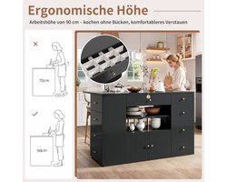 Keukeneiland met barkrukken en 6 laden – mobiel keuken eiland 140x70x89 cm – keukenkast met krukken, uitschuifbaar werkblad & opbergruimte – zwart modern dressoir – ABTkantoor multifunctioneel keukeneiland