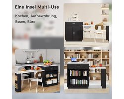 Keukeneiland met inklapbaar werkblad & uittrekbare eettafel 80–211 cm – Verrijdbaar keukenblok met stopcontact, USB, 2 laden & verstelbare planken – Zwart/Wit marmerlook 211x55x89,5 cm – Laura