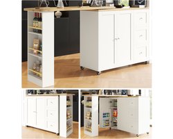 Keukeneiland Met Opbergruimte - 360° Draaibare Keukentafel Met Laden, Wielen En Snackrek Wit