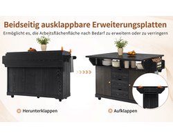 Keukeneiland Met Uitklapbare Bladen, 95 Cm Ergonomische Hoogte, 3 Lades En Vergrendelbare Wielen, Zwart, MDF En Metaal