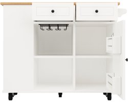 Keukeneiland met uitneembare scheidingswanden, keukenkast, eetkamerwagen met werkblad, buffetkast, eetkamerwagen met houtnering, uitgerust met snackhouder en wijnglasrek, wit