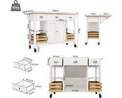 Keukeneiland met uitschuifbare eettafel en opbergmand – keukenkast / eetkamerwagen met verstelbare planken en houtnerf blad – multifunctioneel keukeneiland op wielen – wit – abtkantoor