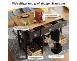 Keukeneiland met uitschuifbare eettafel en opbergmand – multifunctionele keukenkast / eetkamerwagen met houtnerf werkblad en verstelbare planken – mobiel keukeneiland op wielen – zwart – abtkantoor