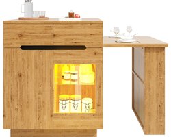 Keukeneiland met uitschuifbare tafel - kasten - met LED-verlichting en opbergruimte - lades - glazen deuren - voor eetkamer en keuken