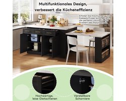Keukeneiland met Uittrekbare Eettafel 150 + 96 cm – Vrijstaand Kookeiland met Opbergruimte, Laden, Kruidenrek en Wit Marmer Look Werkblad – Zwart/Wit MDF – 90x150x90 cm – Laura