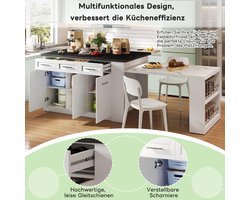 Keukeneiland met Uittrekbare Eettafel 150 + 96 cm – Vrijstaand Multifunctioneel Kookeiland met Opbergruimte, 6 Laden, Kruidenrek, Zwart/Wit Marmer Werkblad, 120x70x90 cm – Laura