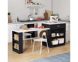 Keukeneiland met uittrekbare eettafel 211 cm – inklapbaar werkblad 80+131 cm – mobiel keuken eiland met wielen, 2 laden, USB & stopcontacten – zwart/wit marmerlook – ABTkantoor multifunctioneel keukeneiland