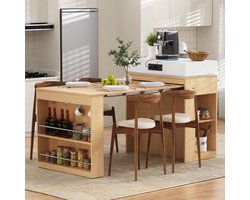 Keukeneiland met wielen - uitschuifbare eettafel met opklapbaar tafelblad - bar met stekkerdoos en haken - buffetkast - houtkleur