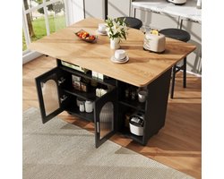 Keukeneiland, modern keukeneiland, keukenkast, uitneembare serveerwagen buffetkast, eetwagen met houtnerf, buffetkast, multifunctionele eettafel met opbergruimte, zwart