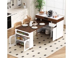 Keukeneiland op wielen - uitschuifbare eettafel met stopcontactstrook en geëtst glas - dressoir met laden - wit en walnotekleur