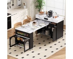 Keukeneiland op wielen - uitschuifbare eettafel met stopcontactstrook en geëtst glas - dressoir met laden - zwart