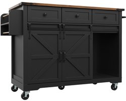Keukeneiland, serveerwagen met uitschuifbaar werkblad, keukenwagen op wielen, keukenkast met 2 schuifdeuren en 3 lades, eetwagen met houtnerf, keukenkast, zwart