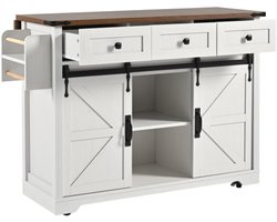 Keukeneiland, serveerwagen met uitschuifbaar werkblad, keukenwagen op wielen, keukenkast met 2 schuifdeuren en 3 lades, eetwagen met houtnerf, keukenkast