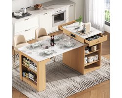 Keukeneiland - Uitschuifbare Tafel 71-151 Cm Met Wielen, Stopcontact En Opbergruimte - Natuurlijke Houtlook Met Marmeren Blad - Bar/Buffet Voor Keuken En Eetkamer