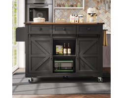 Keukeneiland - Verrijdbaar - Uitschuifbaar Werkblad - 2 Schuifdeuren - Hout - Zwart