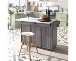 Keukeneiland,Eetwagen, Eettafel, wit marmeren aanrecht en grijs houten graankast, uitschuifbaar aanrecht, opbergdeurontwerp, wielen/massief houten poten kunnen worden geschakeld