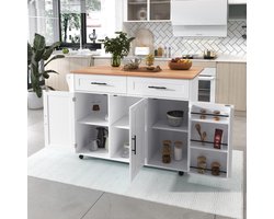 Keukeneiland,Eetwagen, Eettafel, wit marmeren aanrecht en whi houten graankast, uitschuifbaar aanrecht, opbergdeurontwerp, wielen/massief houten poten kunnen worden geschakeld