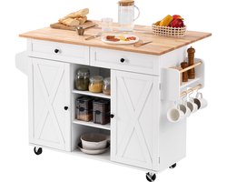 Keukeneilandwagen met Houten Blad, Opbergkast En Klapblad, Roltafel met Lades, Kruidenrek, Draagbaar Ontwerp met Zwenkwielen voor De Eetkamer, 132 Cm Breed, Wit