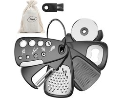 Keukengadgets 6-delig | Ruimtebesparende Cadeauset met Kaasrasp, Flesopener, Fruit-Groentenschiller, Pizzasnijder, Knoflook-Gembermolen & Kruidenstripper