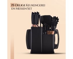 Keukengerei en Messenset 19-delig – Siliconen – Hittebestendig – Incl. Houder – Houten Accenten – BPA-Vrij - Kookgerei - Keukenset