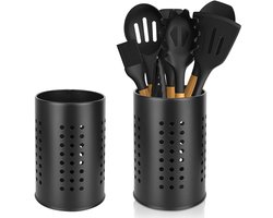 Keukengerei Houder - RVS - 2 Stuks - 16 cm en 18 cm - Bestekhouder - Spatelhouder - Pollepel Houder - Keuken Organizer - Aanrecht Organizer - Spatelpot - Lepelpot - Keukenaccessoires - Geschikt voor Pollepels, Spatels, en Meer - Zwart