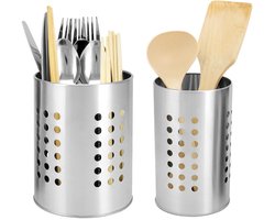 Keukengerei Houder - RVS - 2 Stuks - 16 cm en 18 cm - Bestekhouder - Spatelhouder - Pollepel Houder - Keuken Organizer - Aanrecht Organizer - Spatelpot - Lepelpot - Keukenaccessoires - Geschikt voor Pollepels, Spatels, en Meer - Silver