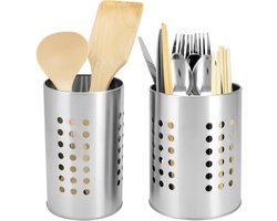 Keukengerei Houder RVS Set van 2 - Bestekhouder-Spatel- en Pollepelhouder - Keuken Organizer （ Silver 16 cm & 18 cm ）