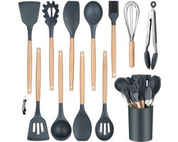 Keukengerei - Keuken Set - Bakset -12-delig set - Kookgerei Spatel – Garde – Bakspaan – Opscheplepel – Schuimspaan – Pannenlikker – Siliconen - Grijs