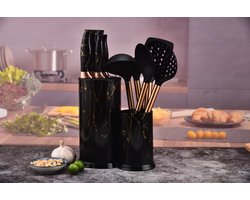 Keukengerei set - 11-delige set - Messen set met blok RVS - Luxe kookgerei set - Hitte bestendig - Marmeren details - Zwart met Goud