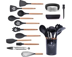 Keukengerei set - 12 delig - Met gratis knoflookpers - BPA vrij - Siliconen - Hout - Rvs - Met houder - Koken - Hittebestendig - Vaatwasserbestendig - Krasvrij - Spatelpot - Zwart