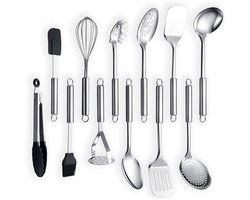 Keukengerei Set 12-delig – RVS Keukenhulpen met Siliconen – Spatel, Lepel, Garde & Tang – Vaatwasserbestendig en Roestvrij