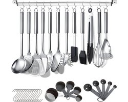 Keukengerei Set - 38-delig - RVS Kookgerei Set - Roestvrij Staal - Inclusief Houder en Ophanghaken - Keuken Gadgets - Vaatwasserbestendig - Pollepel - Spatel - Garde - Dunschiller - Keukenaccessoires - Luxe Keukenset - Zilver/Zwart