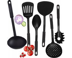 Keukengerei Set - 6 Delig - Zwart - Kunststof - 31 cm - Spatel - Soeplepel - Pollepel - Sauslepel - Schuimspaan - Pastalepel - Krasvrij - Keuken Accessoires - Uitzet Cadeau - Kookgerei