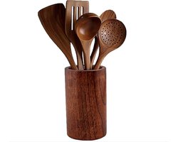 Keukengerei Set Incl. Houder - 6 Delig - Bamboehout - Keukenset - Spatelpot - Kookgerei Set