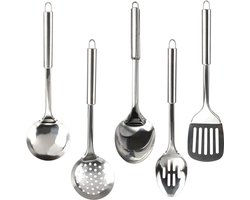 Keukengerei Set - Kookgerei Roestvrijstaal - Eenvoudig Koken - 5 Delige Set - Lange Handgrepen - Zilver