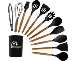 Keukengerei Set met Houder 12-Delig - Siliconen Kookgerei set - Hittebestendig / BPA Vrij - Houten Handvat - Incl. Garde, Spatel, Pollepel, Keukentang, Opscheplepel, Soeplepel, Bak kwast, Schuimspaan, Pannenlikker - Keukenset antiaanbaklaag - Zwart