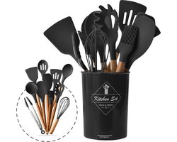 Keukengerei Set Met Houder - Kookgerei Set Spatel Pot - Keukengerei Keukenset - 12 Delige Zwart Hout
