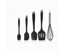 Keukengerei set van siliconen (5-delig) - Hittebestendig - Vaatwasser bestendig - BPA vrij - Zwart - Bakspaan - Bakkwast - Garde - Pannenlikker