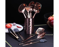 Keukengerei van koper, 13-delige set van roestvrij staal met titanium roségouden coating, inclusief rek voor anti-aanbak-keukengerei